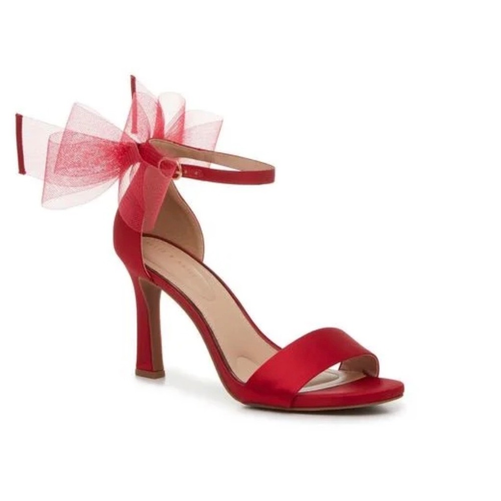 Kelly & Katie Nemira-X Red Satin Ankle Strap Bow Heel Sandals Womens 10M